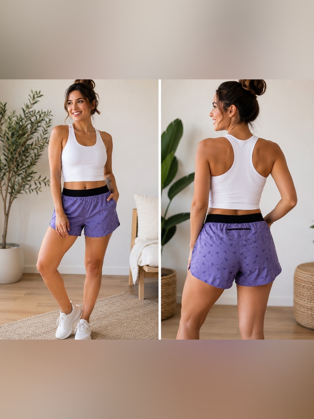 Running Shorts Purple Dandelion Print Lined Athletic Gym Hiking Trail Womens L